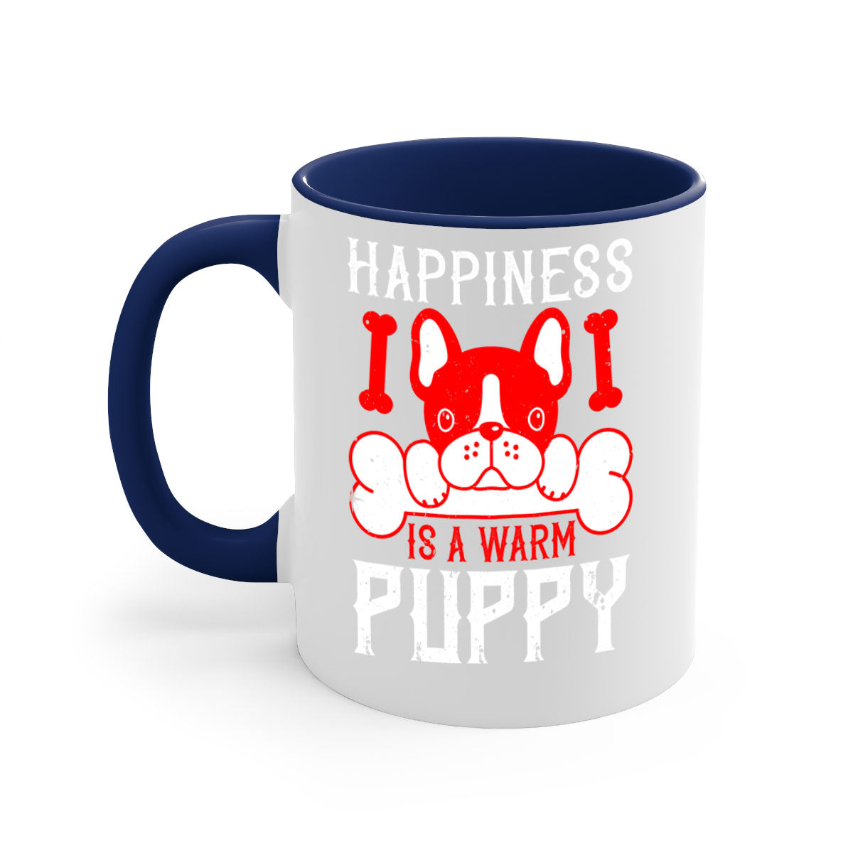 Happiness is a warm puppy Style 203# Dog Mug featuring a glossy finish, colorful handle, and interior, available in multiple colors.