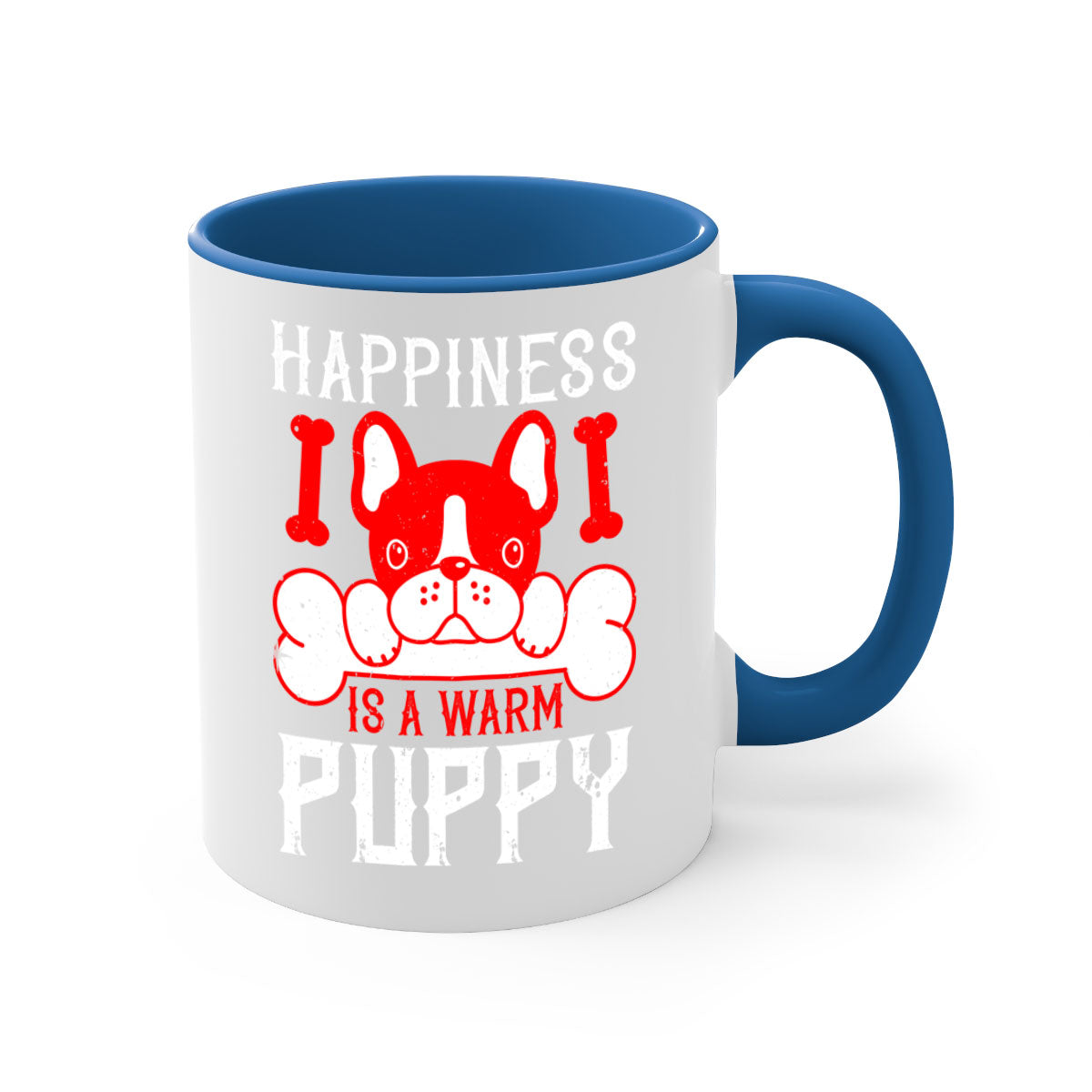 Happiness is a warm puppy Style 203# Dog Mug featuring a glossy finish, colorful handle, and interior, available in multiple colors.