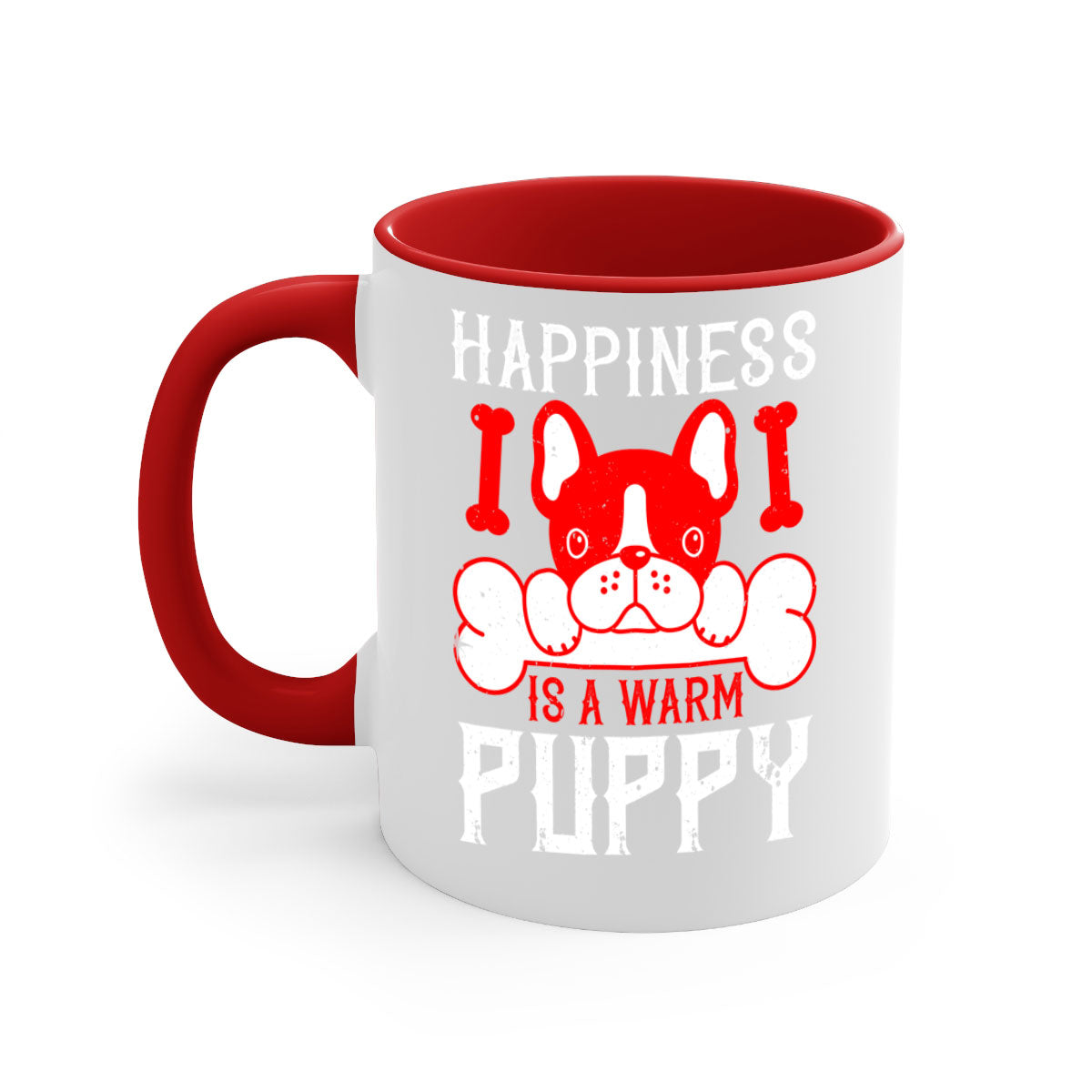 Happiness is a warm puppy Style 203# Dog Mug featuring a glossy finish, colorful handle, and interior, available in multiple colors.