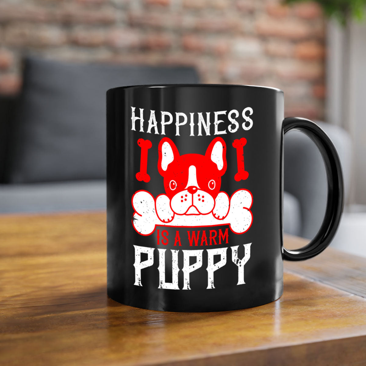 Happiness is a warm puppy Style 203# Dog Mug featuring a glossy finish, colorful handle, and interior, available in multiple colors.