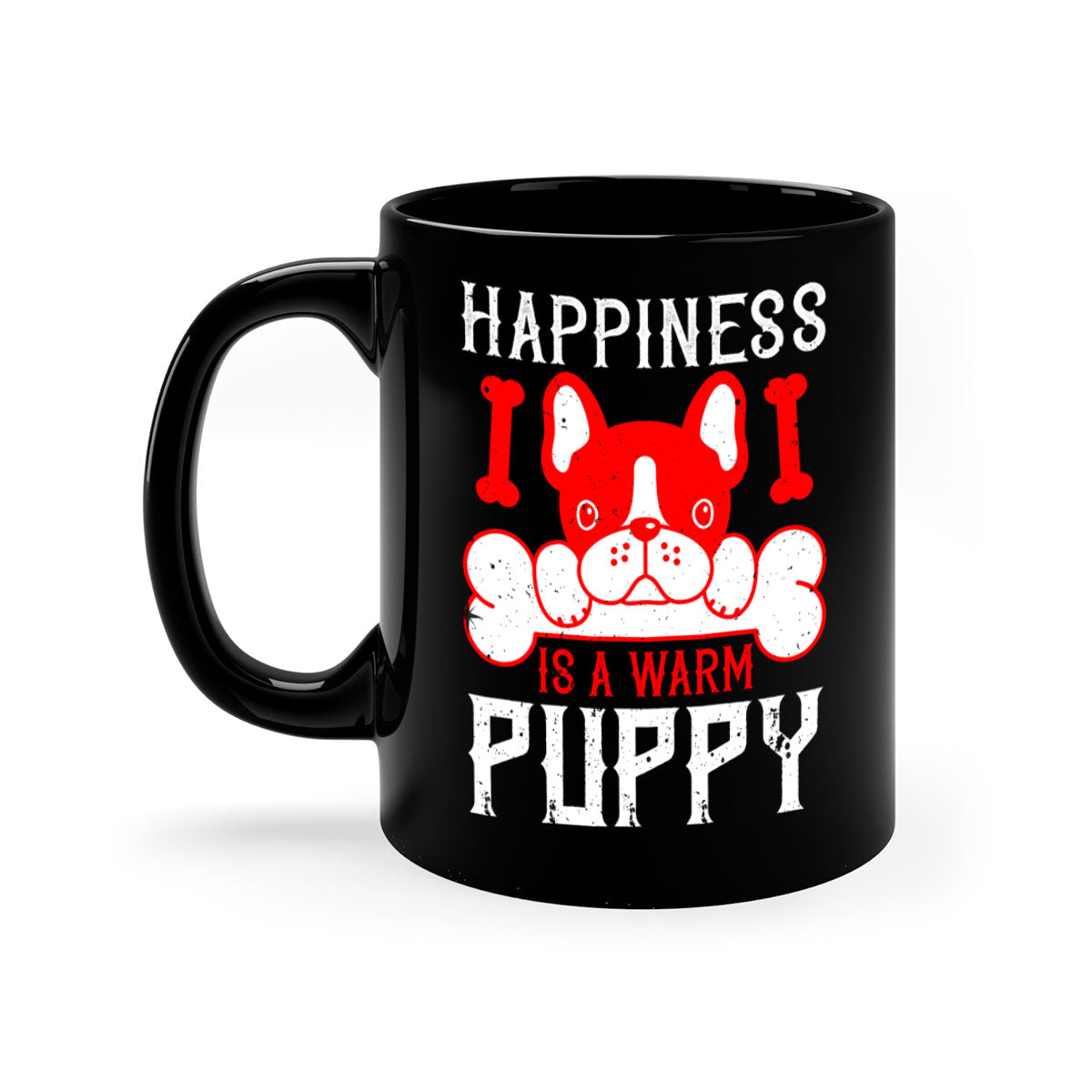 Happiness is a warm puppy Style 203# Dog Mug featuring a glossy finish, colorful handle, and interior, available in multiple colors.