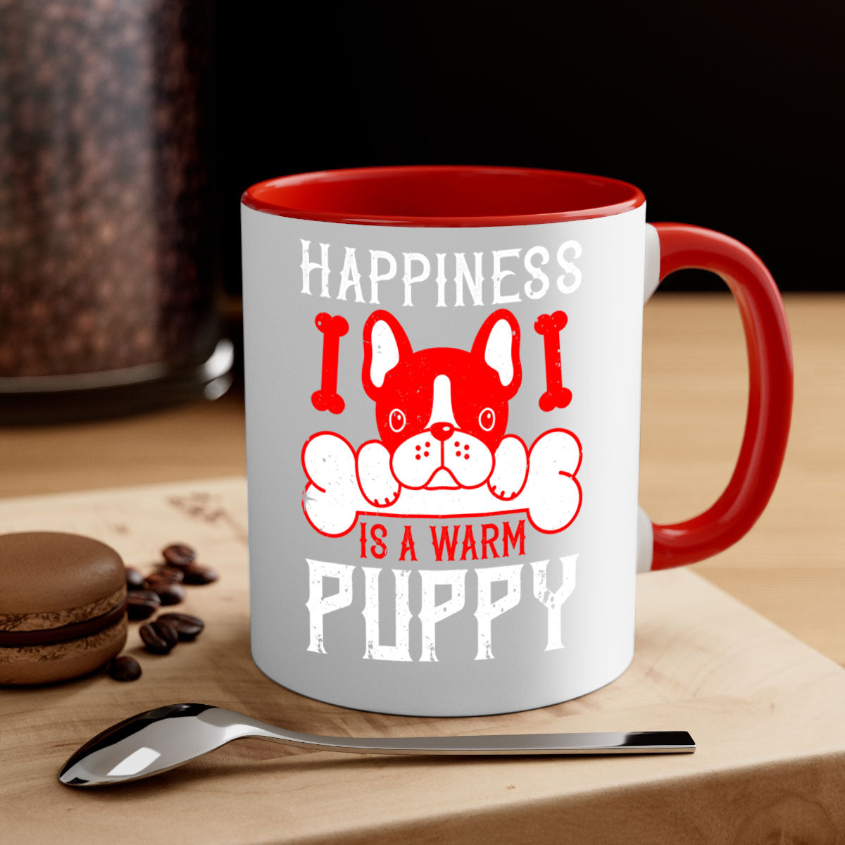 Happiness is a warm puppy Style 203# Dog Mug featuring a glossy finish, colorful handle, and interior, available in multiple colors.