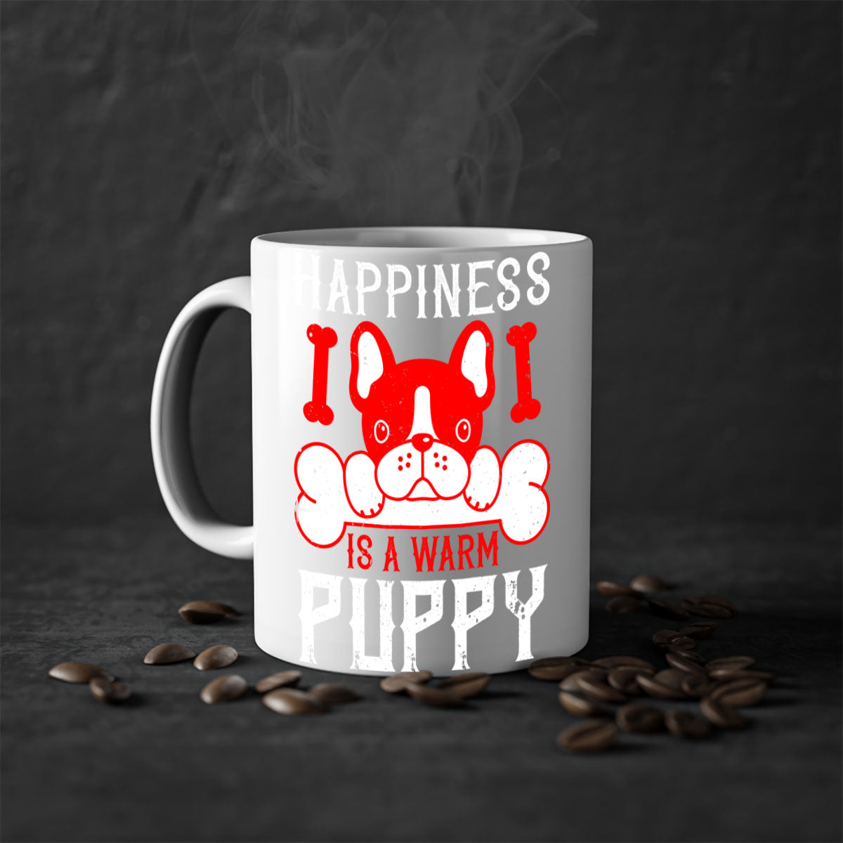 Happiness is a warm puppy Style 203# Dog Mug featuring a glossy finish, colorful handle, and interior, available in multiple colors.