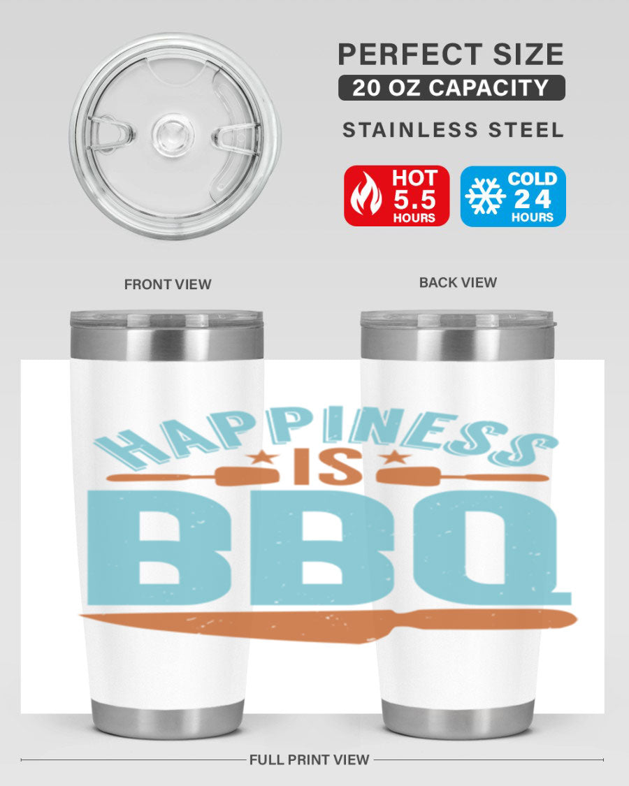 Happiness is BBQ 20oz Tumbler in stainless steel with a drink-thru lid, showcasing its sleek design and double wall vacuum insulation.