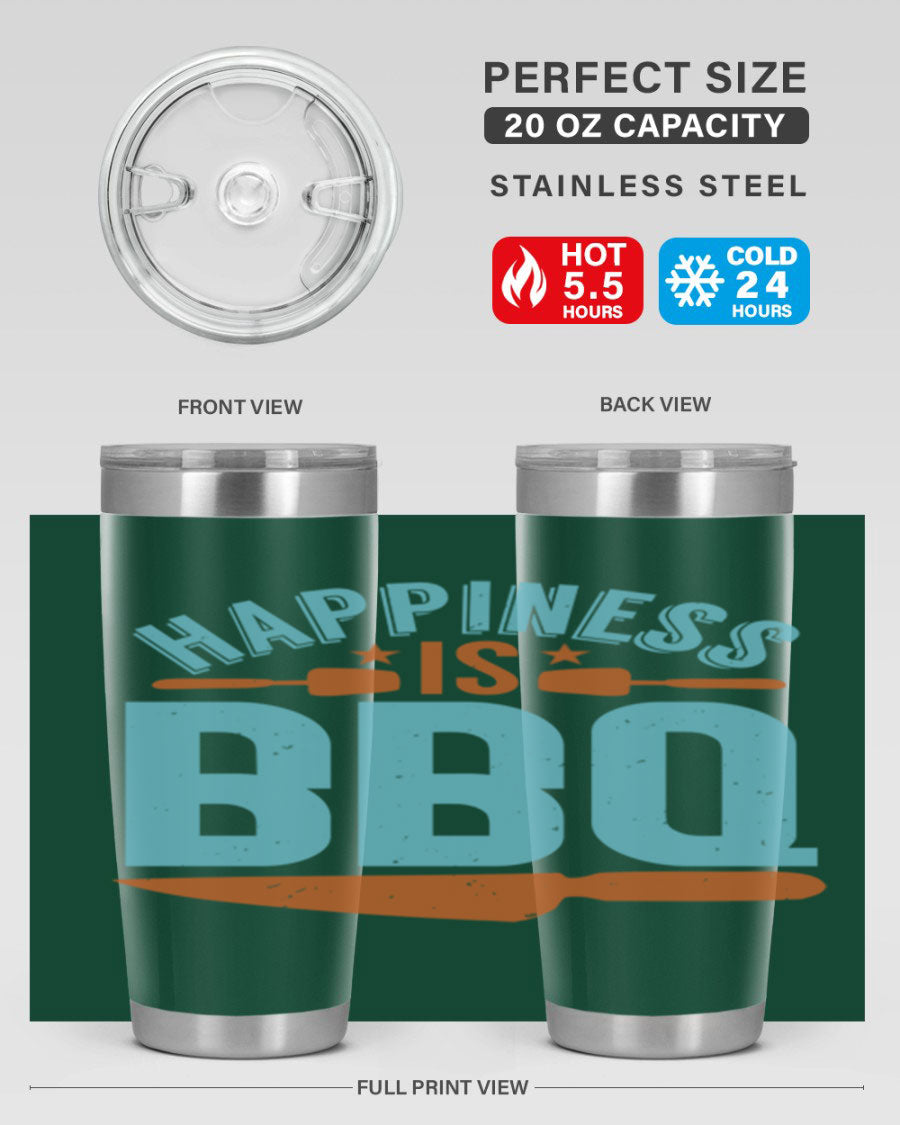 Happiness is BBQ 20oz Tumbler in stainless steel with a drink-thru lid, showcasing its sleek design and double wall vacuum insulation.