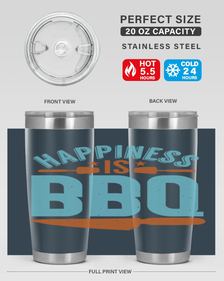 Happiness is BBQ 20oz Tumbler in stainless steel with a drink-thru lid, showcasing its sleek design and double wall vacuum insulation.