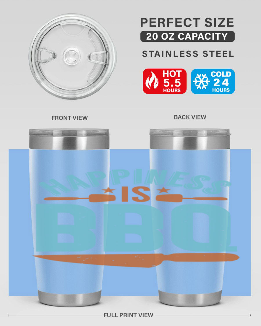 Happiness is BBQ 20oz Tumbler in stainless steel with a drink-thru lid, showcasing its sleek design and double wall vacuum insulation.