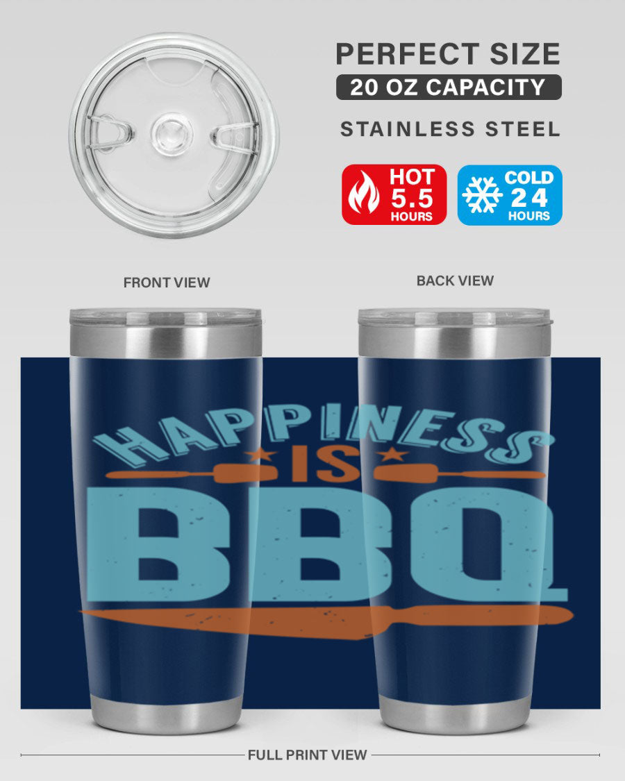 Happiness is BBQ 20oz Tumbler in stainless steel with a drink-thru lid, showcasing its sleek design and double wall vacuum insulation.
