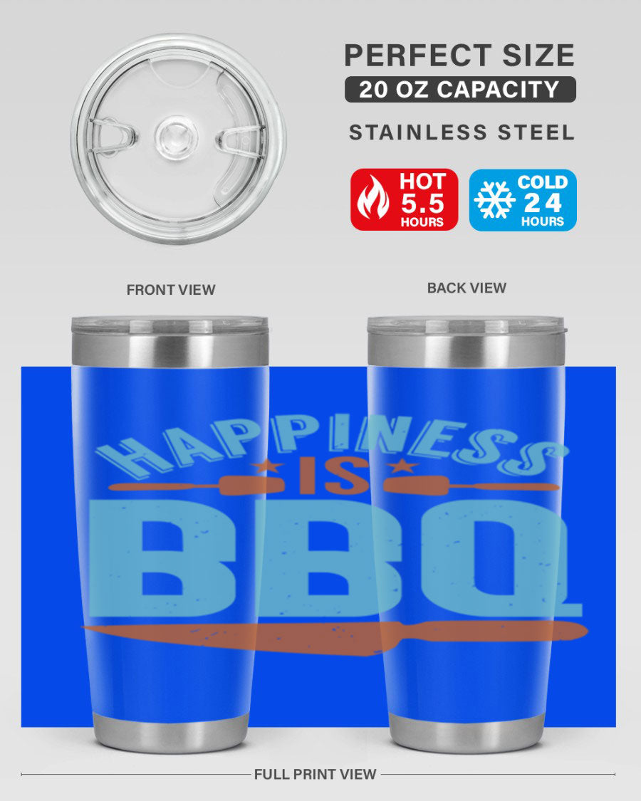 Happiness is BBQ 20oz Tumbler in stainless steel with a drink-thru lid, showcasing its sleek design and double wall vacuum insulation.