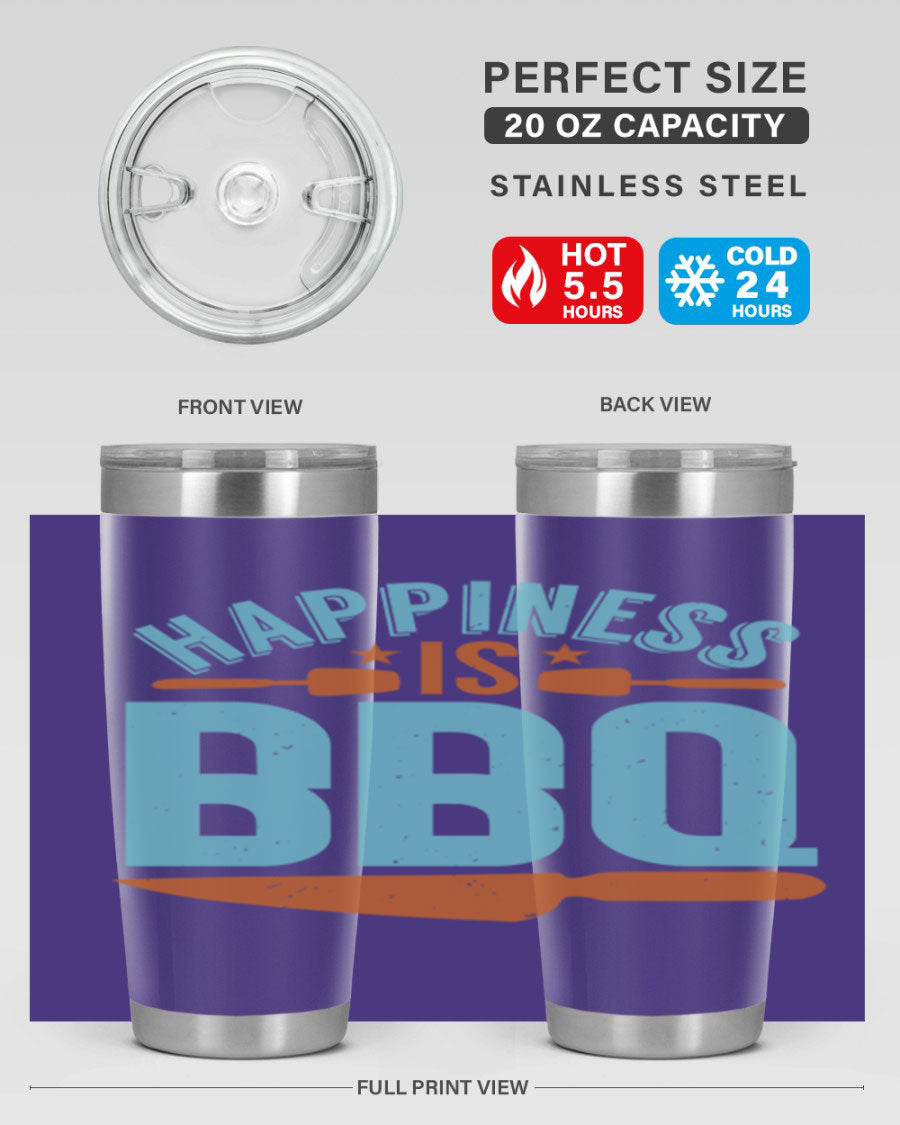 Happiness is BBQ 20oz Tumbler in stainless steel with a drink-thru lid, showcasing its sleek design and double wall vacuum insulation.