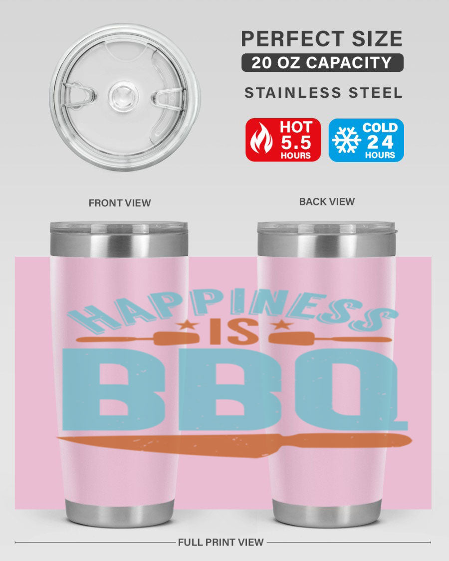 Happiness is BBQ 20oz Tumbler in stainless steel with a drink-thru lid, showcasing its sleek design and double wall vacuum insulation.