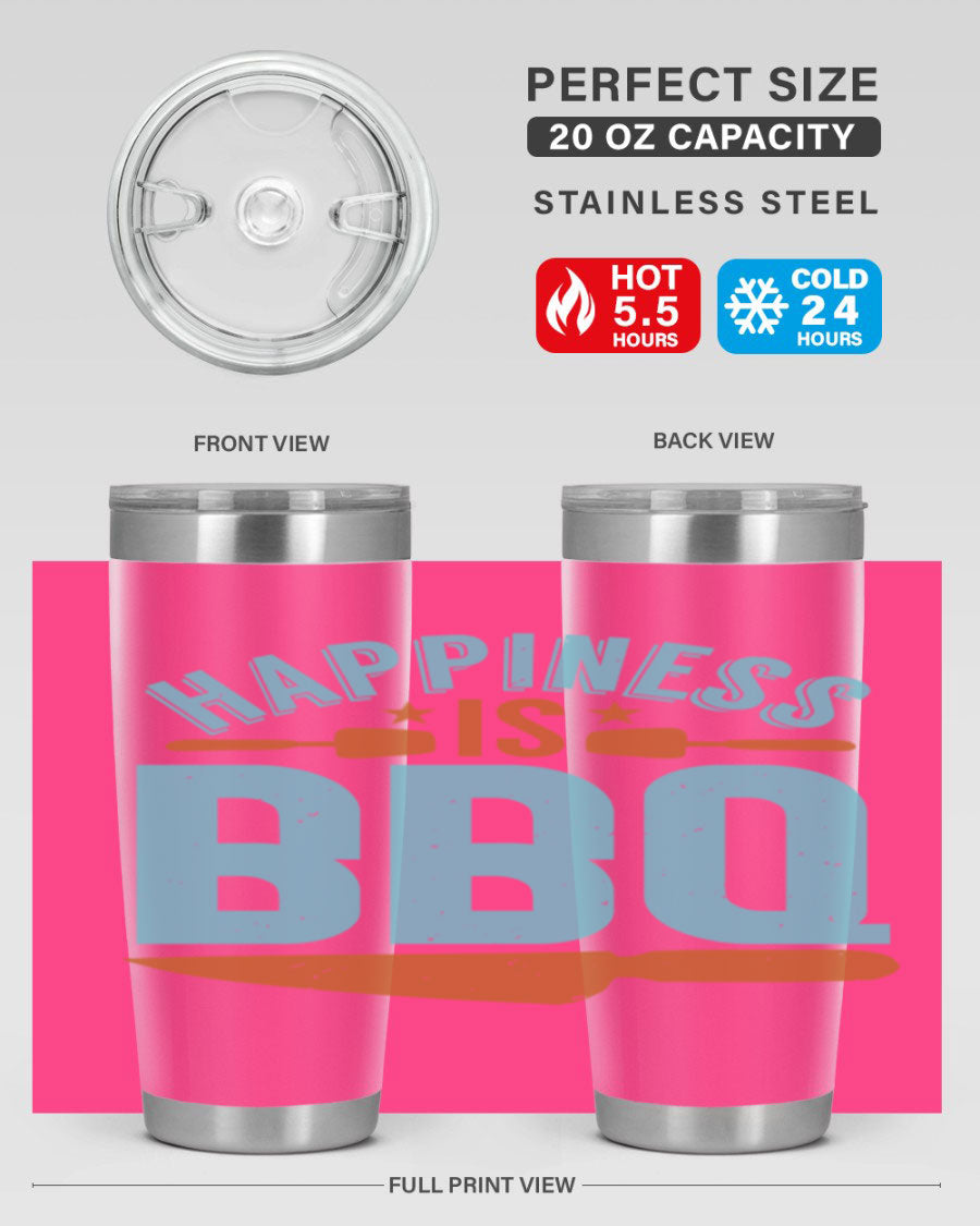 Happiness is BBQ 20oz Tumbler in stainless steel with a drink-thru lid, showcasing its sleek design and double wall vacuum insulation.
