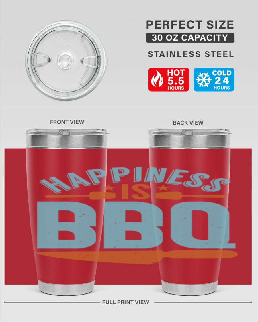 Happiness is BBQ 20oz Tumbler in stainless steel with a drink-thru lid, showcasing its sleek design and double wall vacuum insulation.