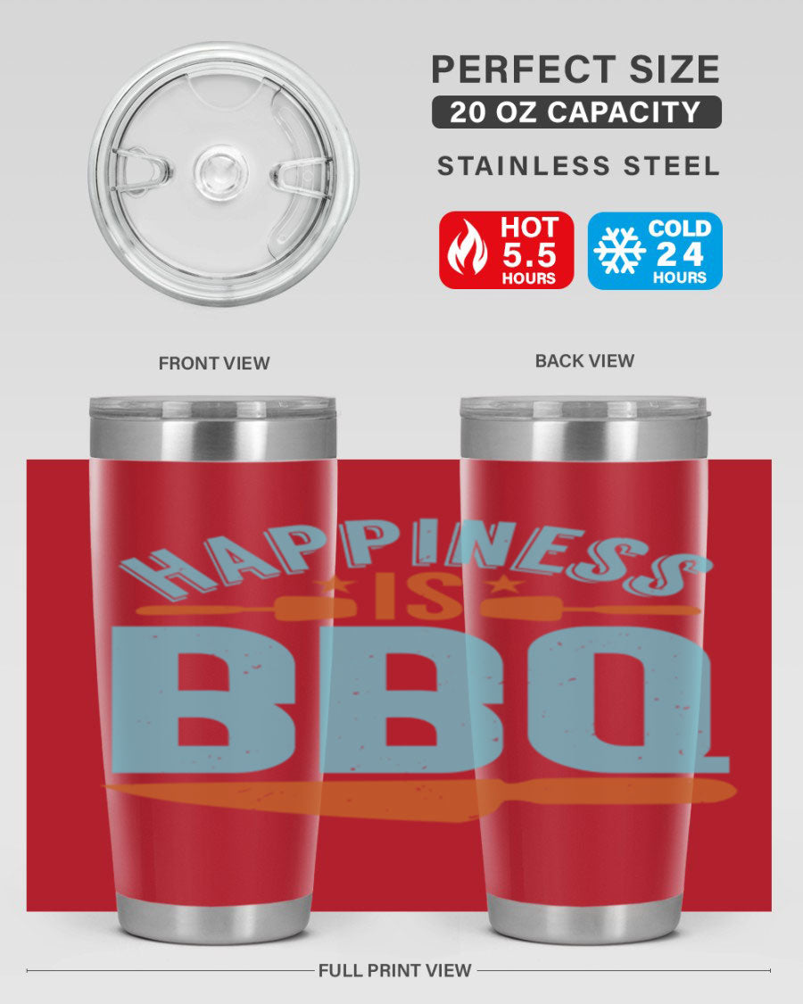 Happiness is BBQ 20oz Tumbler in stainless steel with a drink-thru lid, showcasing its sleek design and double wall vacuum insulation.