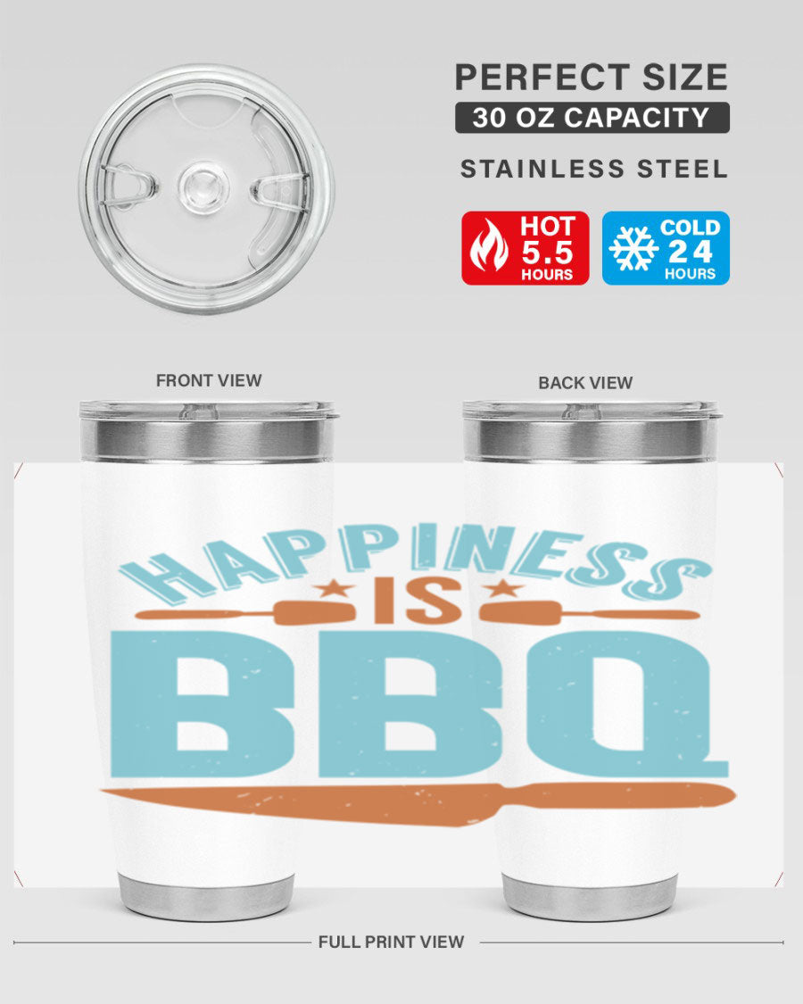 Happiness is BBQ 20oz Tumbler in stainless steel with a drink-thru lid, showcasing its sleek design and double wall vacuum insulation.