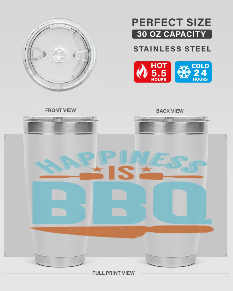 Happiness is BBQ 20oz Tumbler in stainless steel with a drink-thru lid, showcasing its sleek design and double wall vacuum insulation.
