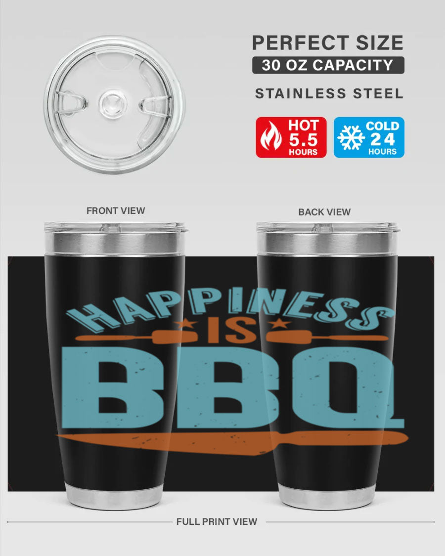 Happiness is BBQ 20oz Tumbler in stainless steel with a drink-thru lid, showcasing its sleek design and double wall vacuum insulation.