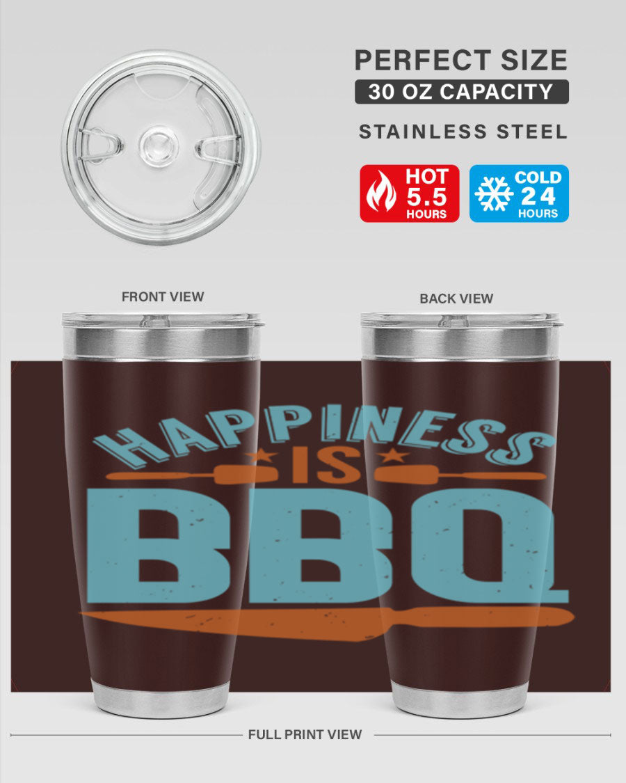 Happiness is BBQ 20oz Tumbler in stainless steel with a drink-thru lid, showcasing its sleek design and double wall vacuum insulation.
