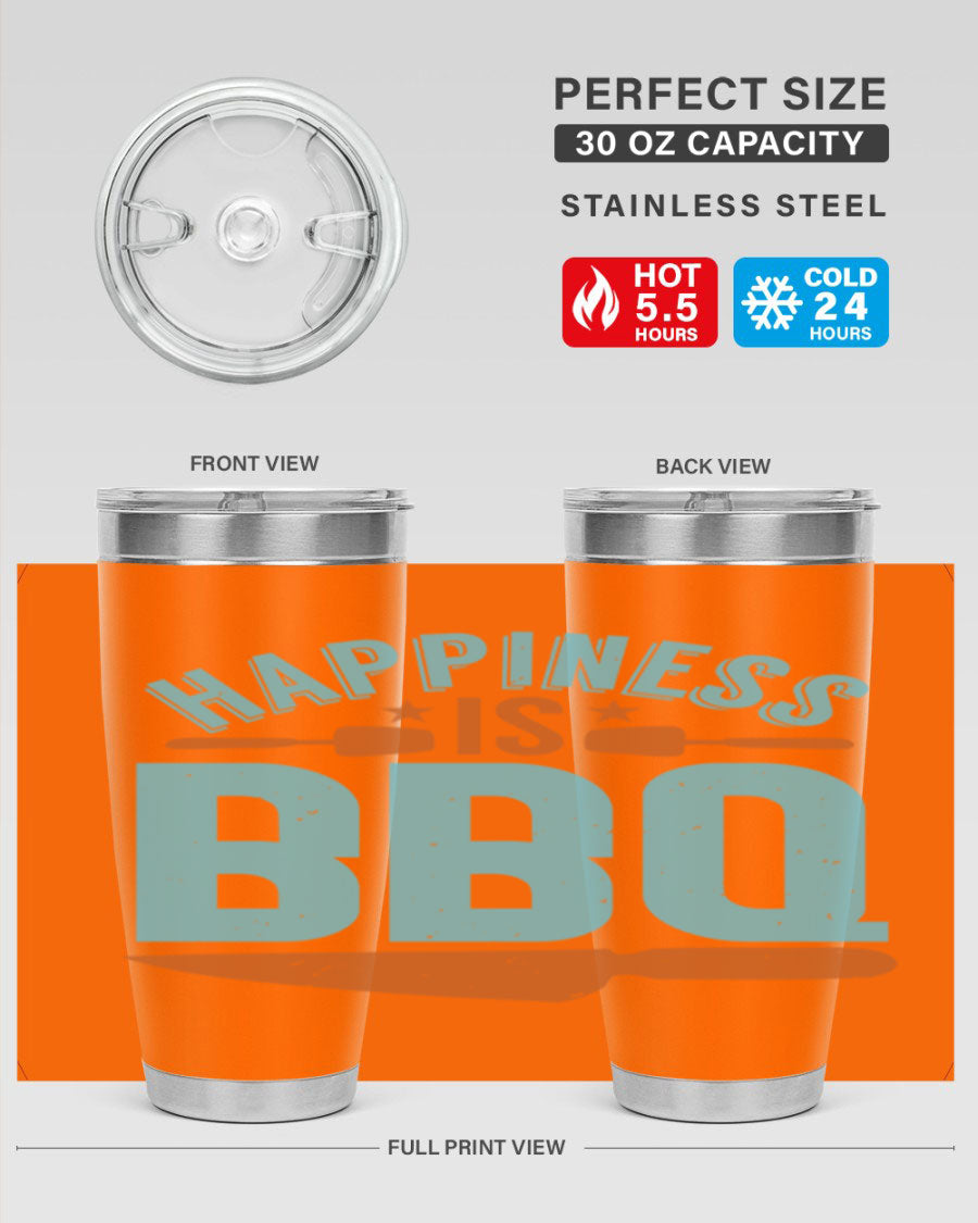 Happiness is BBQ 20oz Tumbler in stainless steel with a drink-thru lid, showcasing its sleek design and double wall vacuum insulation.
