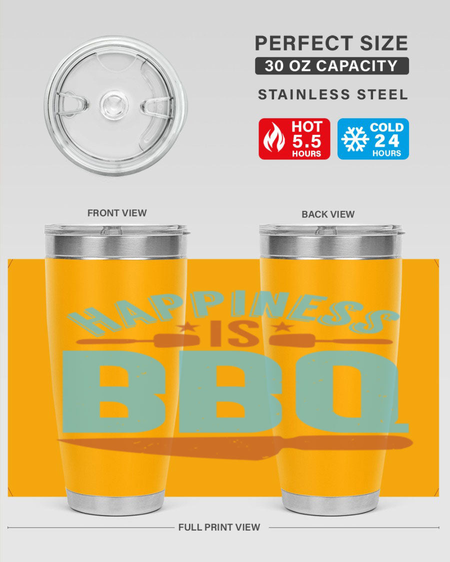 Happiness is BBQ 20oz Tumbler in stainless steel with a drink-thru lid, showcasing its sleek design and double wall vacuum insulation.