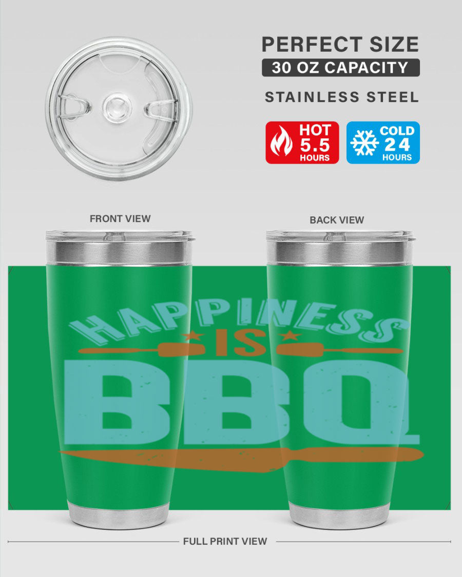 Happiness is BBQ 20oz Tumbler in stainless steel with a drink-thru lid, showcasing its sleek design and double wall vacuum insulation.