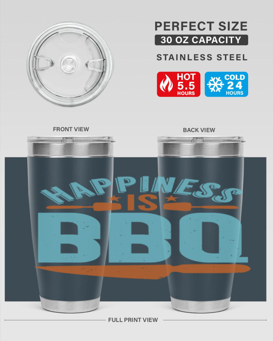 Happiness is BBQ 20oz Tumbler in stainless steel with a drink-thru lid, showcasing its sleek design and double wall vacuum insulation.