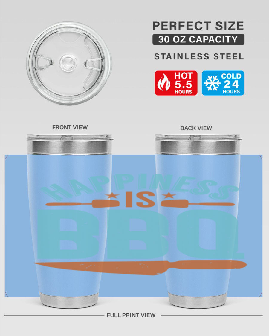 Happiness is BBQ 20oz Tumbler in stainless steel with a drink-thru lid, showcasing its sleek design and double wall vacuum insulation.