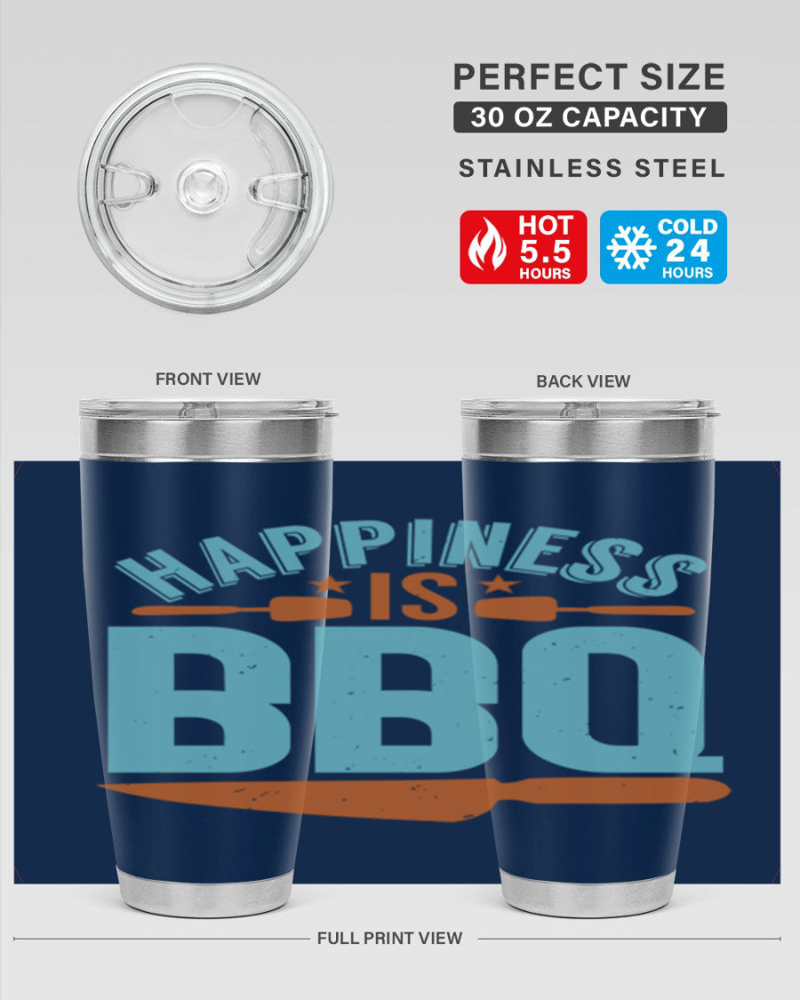 Happiness is BBQ 20oz Tumbler in stainless steel with a drink-thru lid, showcasing its sleek design and double wall vacuum insulation.