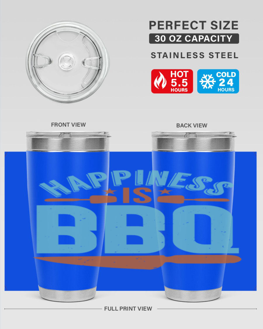 Happiness is BBQ 20oz Tumbler in stainless steel with a drink-thru lid, showcasing its sleek design and double wall vacuum insulation.