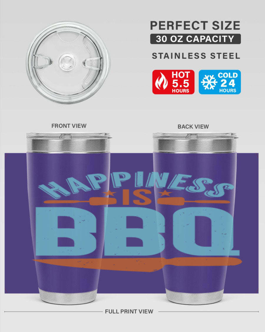 Happiness is BBQ 20oz Tumbler in stainless steel with a drink-thru lid, showcasing its sleek design and double wall vacuum insulation.