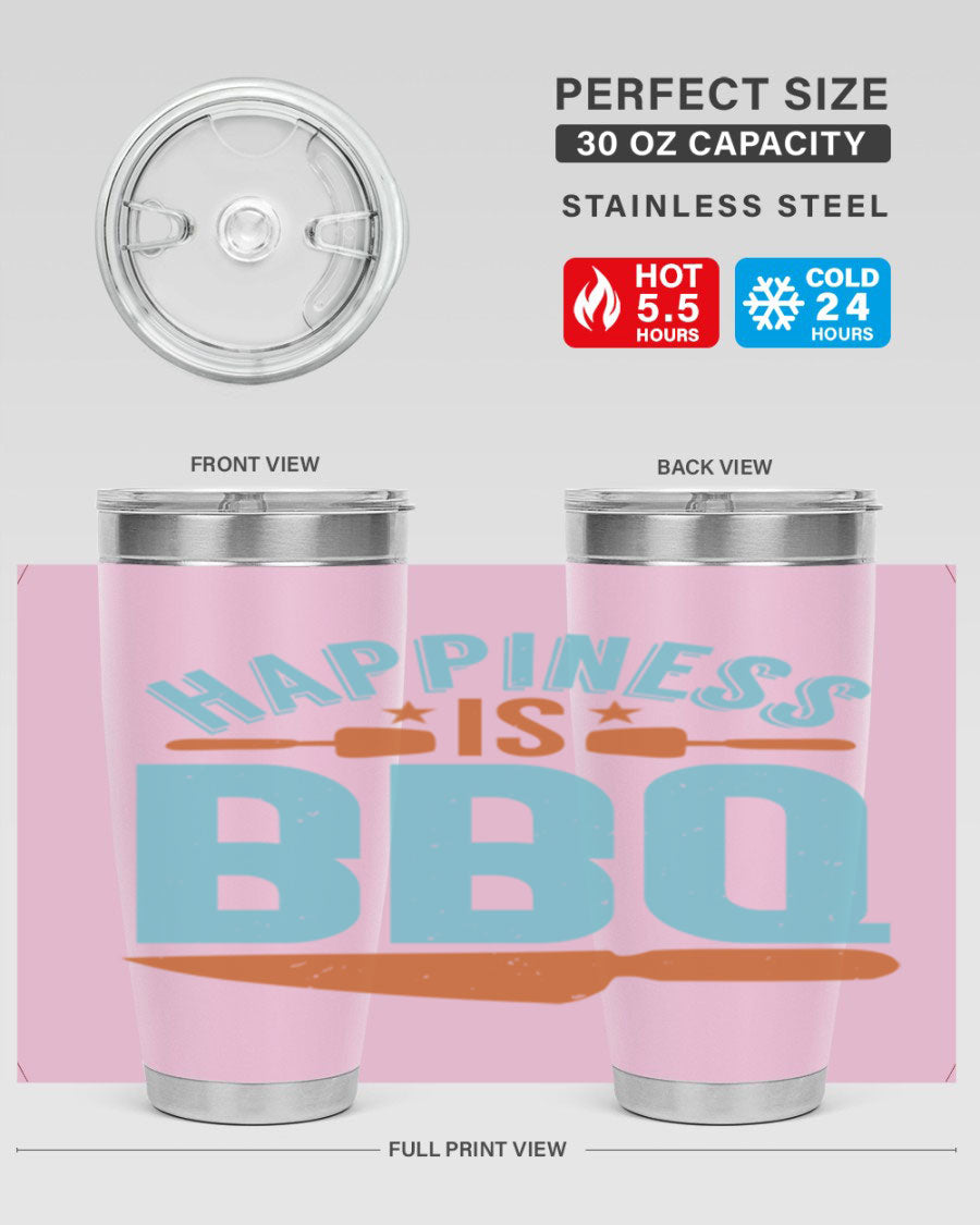 Happiness is BBQ 20oz Tumbler in stainless steel with a drink-thru lid, showcasing its sleek design and double wall vacuum insulation.