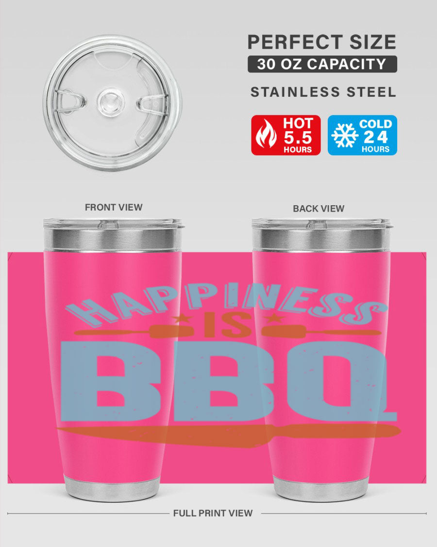 Happiness is BBQ 20oz Tumbler in stainless steel with a drink-thru lid, showcasing its sleek design and double wall vacuum insulation.