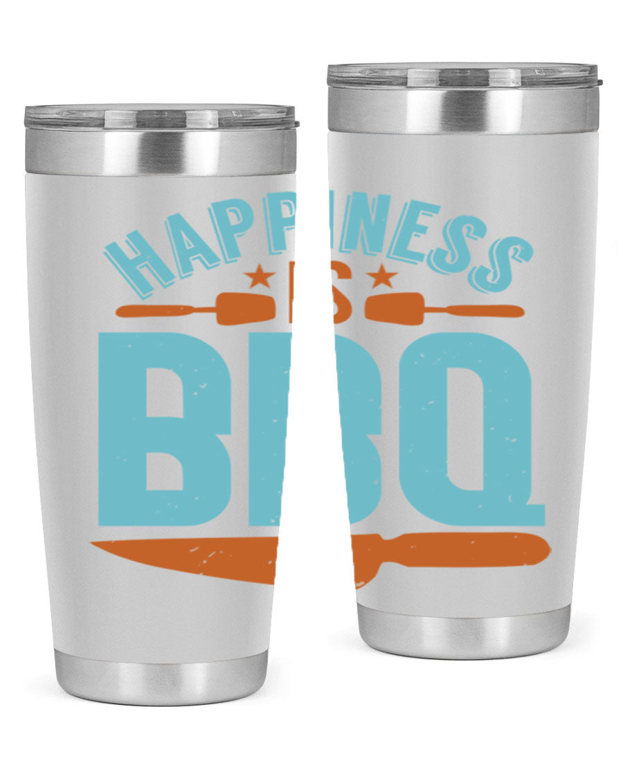 Happiness is BBQ 20oz Tumbler in stainless steel with a drink-thru lid, showcasing its sleek design and double wall vacuum insulation.