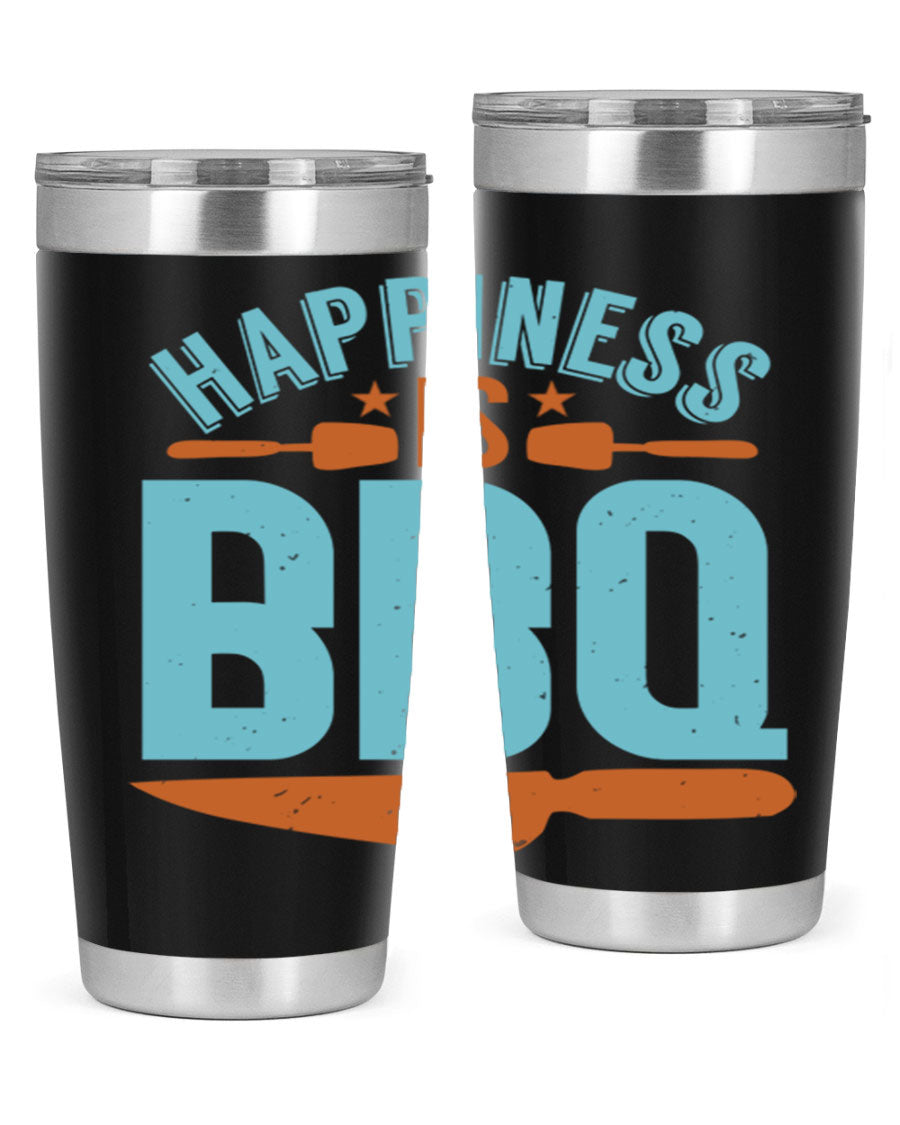 Happiness is BBQ 20oz Tumbler in stainless steel with a drink-thru lid, showcasing its sleek design and double wall vacuum insulation.