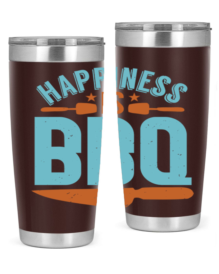 Happiness is BBQ 20oz Tumbler in stainless steel with a drink-thru lid, showcasing its sleek design and double wall vacuum insulation.