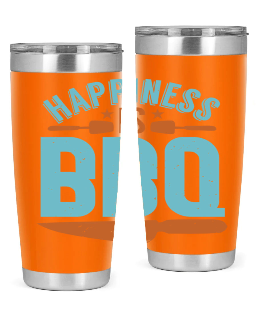 Happiness is BBQ 20oz Tumbler in stainless steel with a drink-thru lid, showcasing its sleek design and double wall vacuum insulation.
