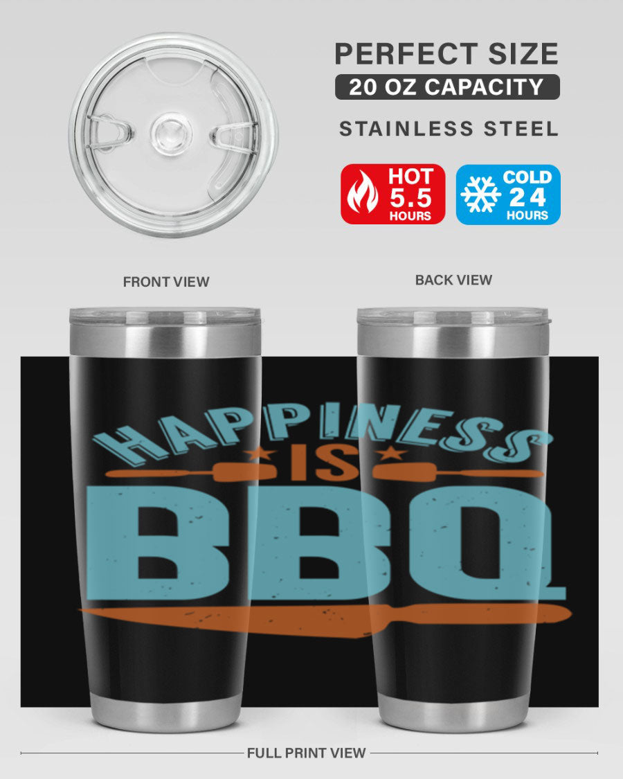 Happiness is BBQ 20oz Tumbler in stainless steel with a drink-thru lid, showcasing its sleek design and double wall vacuum insulation.