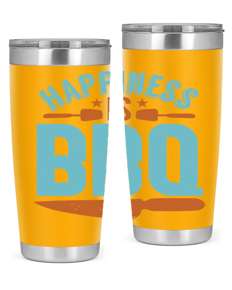 Happiness is BBQ 20oz Tumbler in stainless steel with a drink-thru lid, showcasing its sleek design and double wall vacuum insulation.