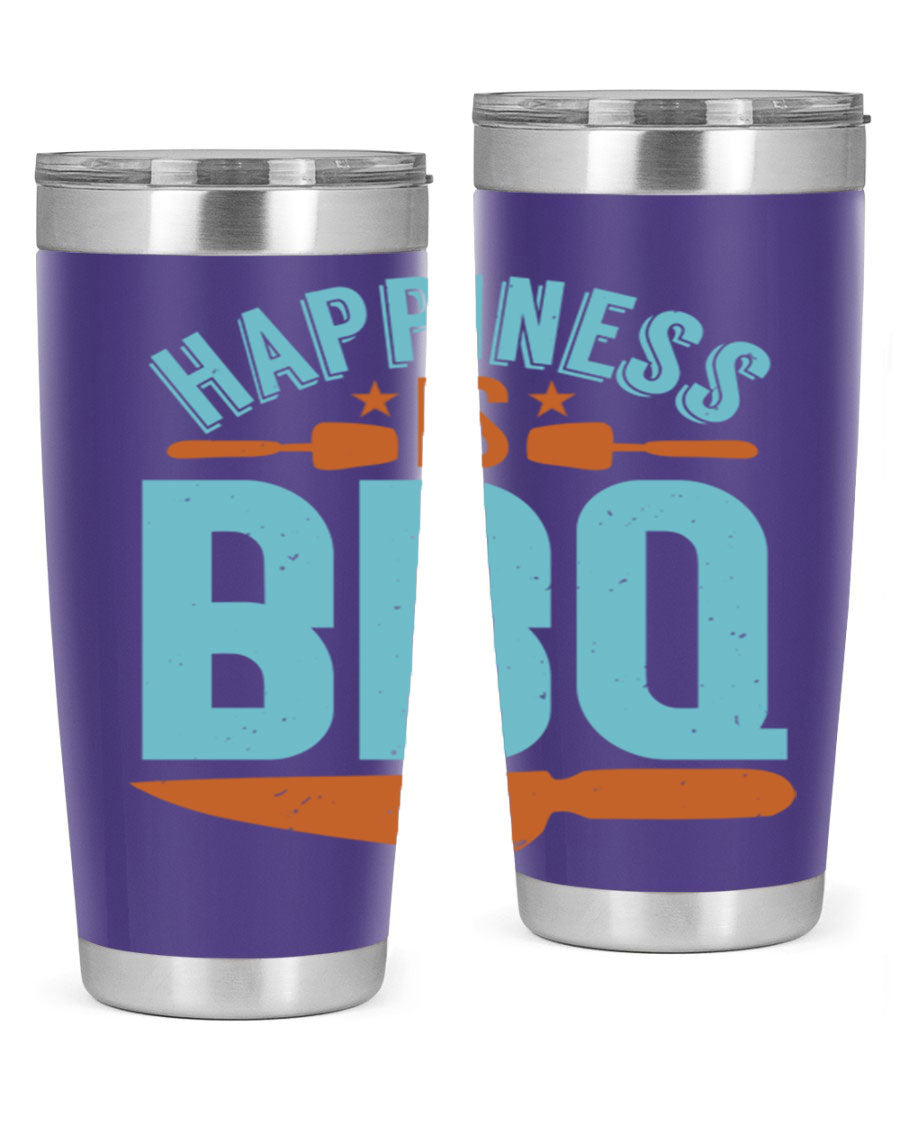 Happiness is BBQ 20oz Tumbler in stainless steel with a drink-thru lid, showcasing its sleek design and double wall vacuum insulation.