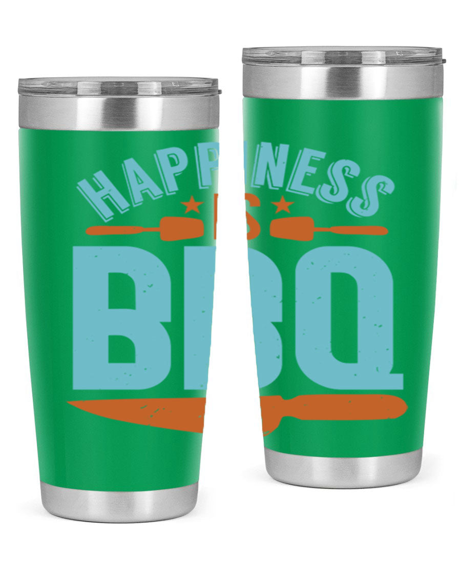 Happiness is BBQ 20oz Tumbler in stainless steel with a drink-thru lid, showcasing its sleek design and double wall vacuum insulation.