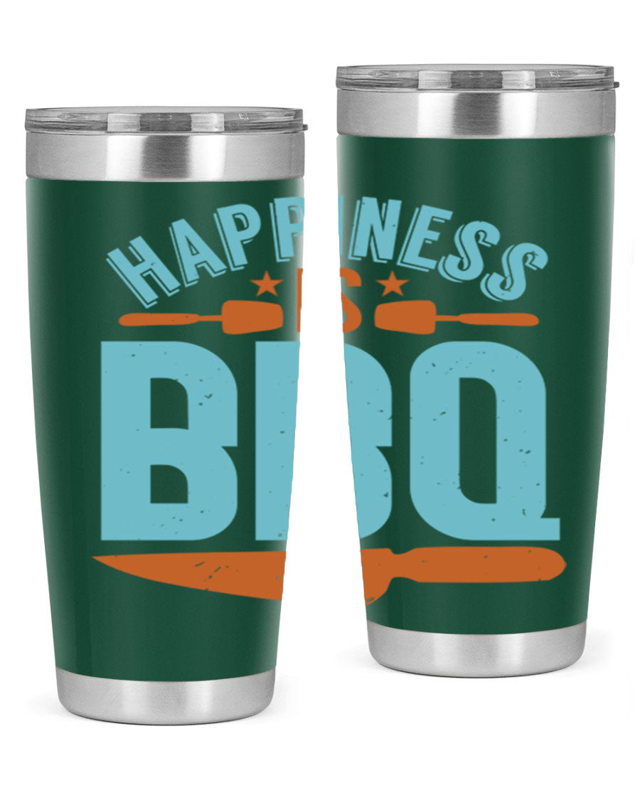 Happiness is BBQ 20oz Tumbler in stainless steel with a drink-thru lid, showcasing its sleek design and double wall vacuum insulation.