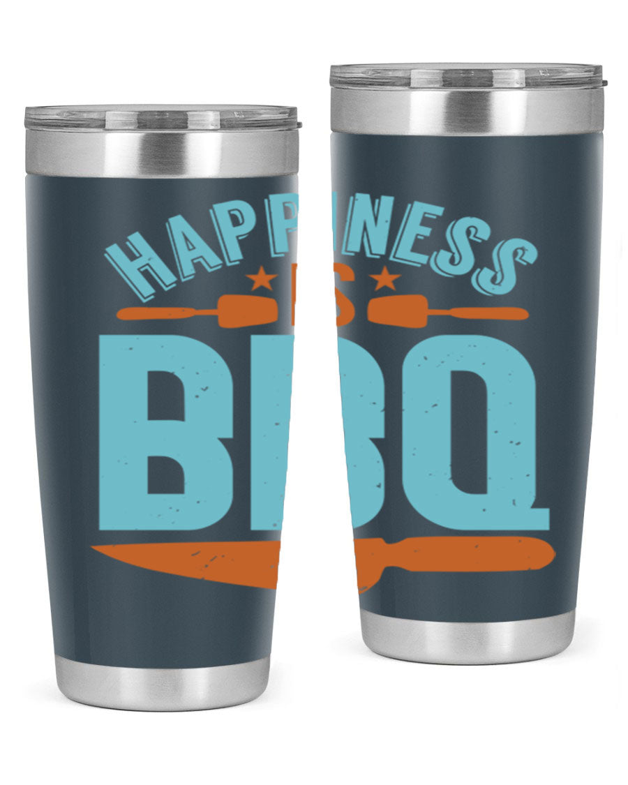 Happiness is BBQ 20oz Tumbler in stainless steel with a drink-thru lid, showcasing its sleek design and double wall vacuum insulation.