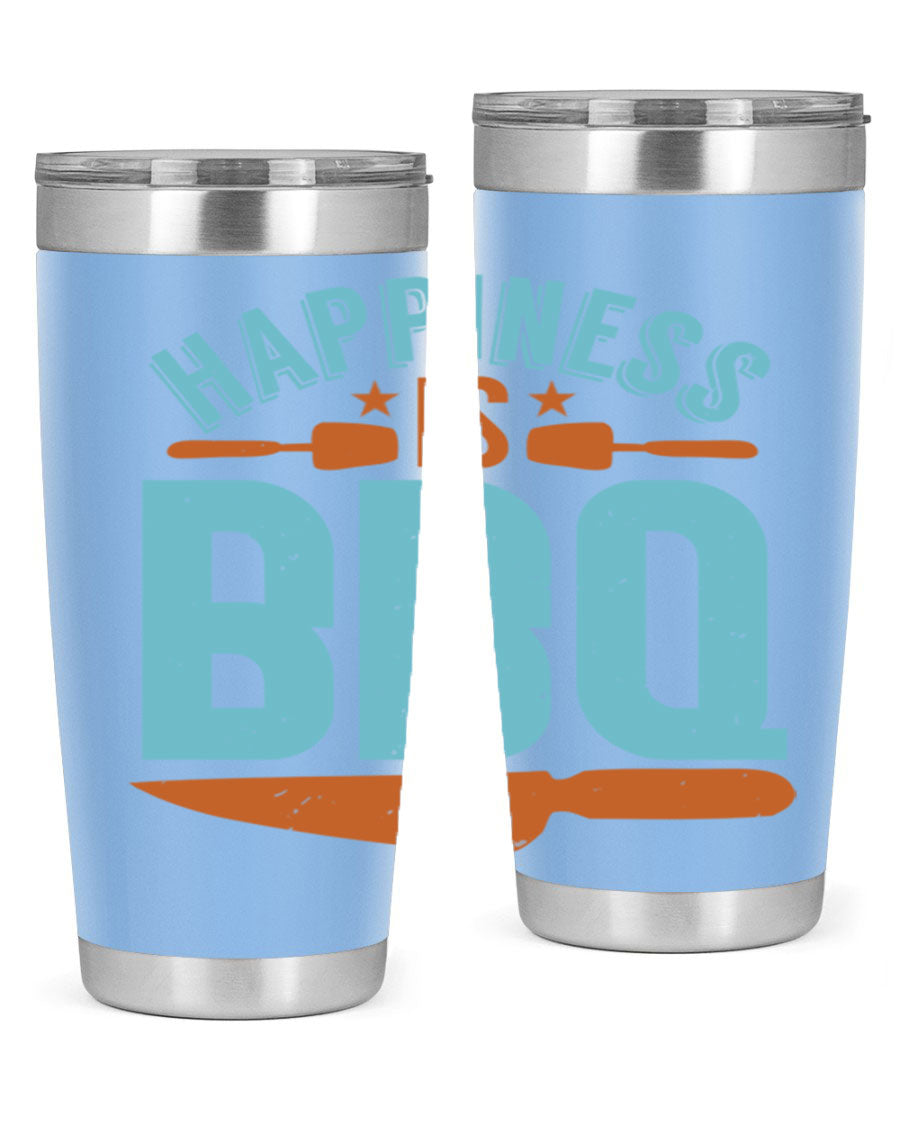 Happiness is BBQ 20oz Tumbler in stainless steel with a drink-thru lid, showcasing its sleek design and double wall vacuum insulation.