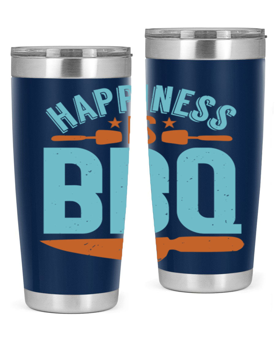 Happiness is BBQ 20oz Tumbler in stainless steel with a drink-thru lid, showcasing its sleek design and double wall vacuum insulation.