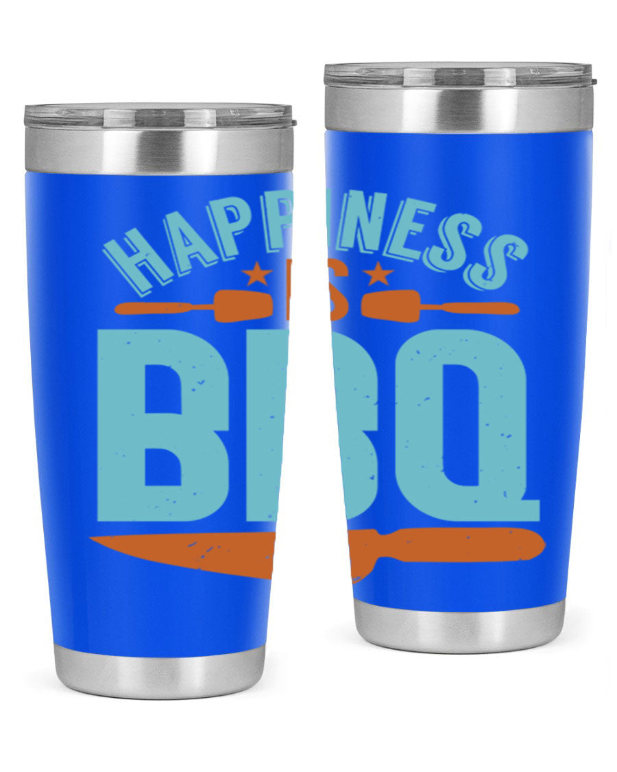 Happiness is BBQ 20oz Tumbler in stainless steel with a drink-thru lid, showcasing its sleek design and double wall vacuum insulation.