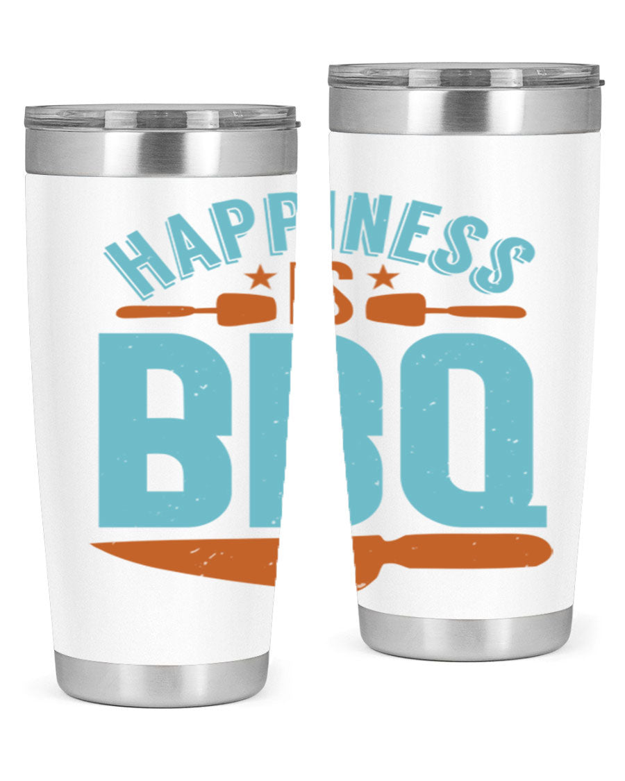 Happiness is BBQ 20oz Tumbler in stainless steel with a drink-thru lid, showcasing its sleek design and double wall vacuum insulation.