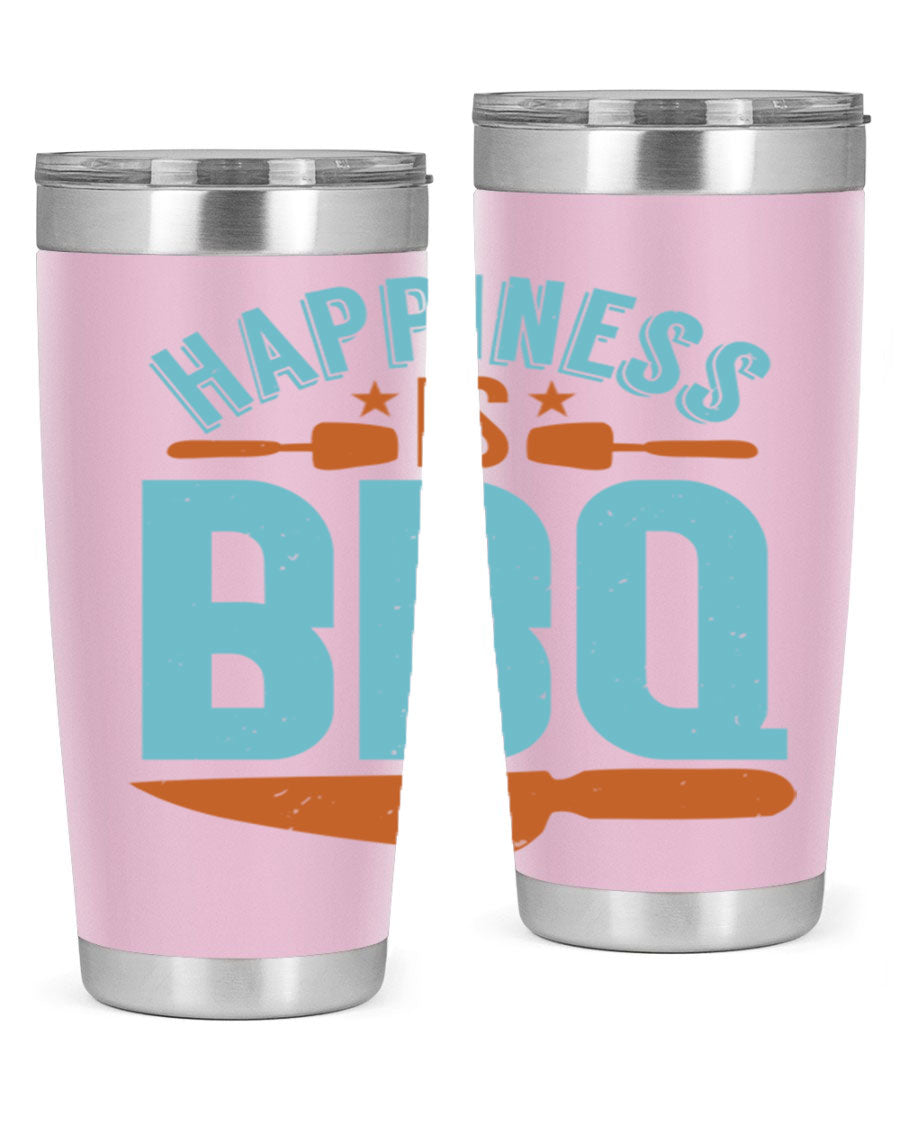 Happiness is BBQ 20oz Tumbler in stainless steel with a drink-thru lid, showcasing its sleek design and double wall vacuum insulation.