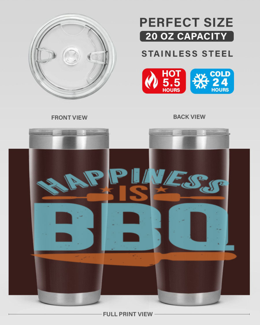 Happiness is BBQ 20oz Tumbler in stainless steel with a drink-thru lid, showcasing its sleek design and double wall vacuum insulation.