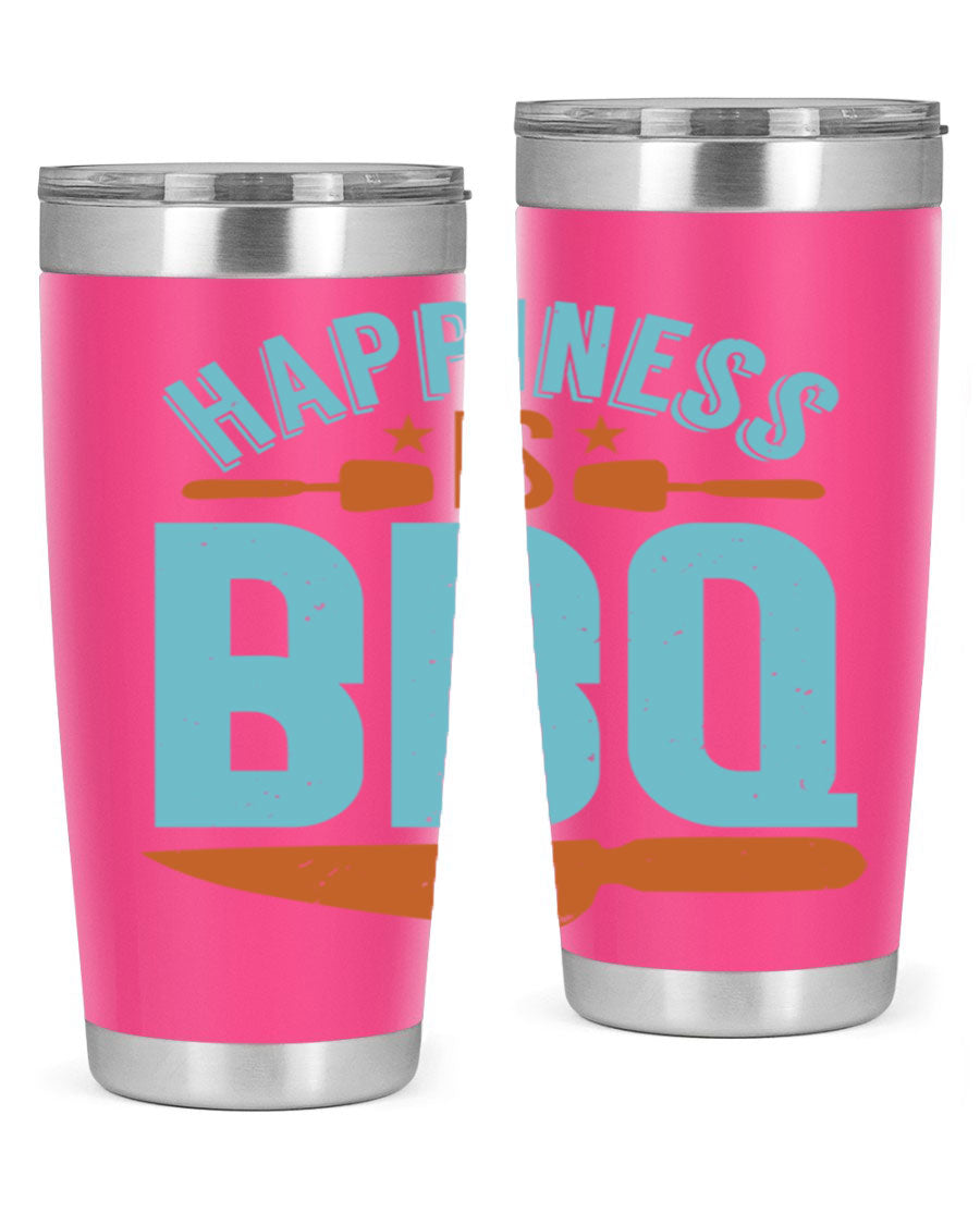 Happiness is BBQ 20oz Tumbler in stainless steel with a drink-thru lid, showcasing its sleek design and double wall vacuum insulation.