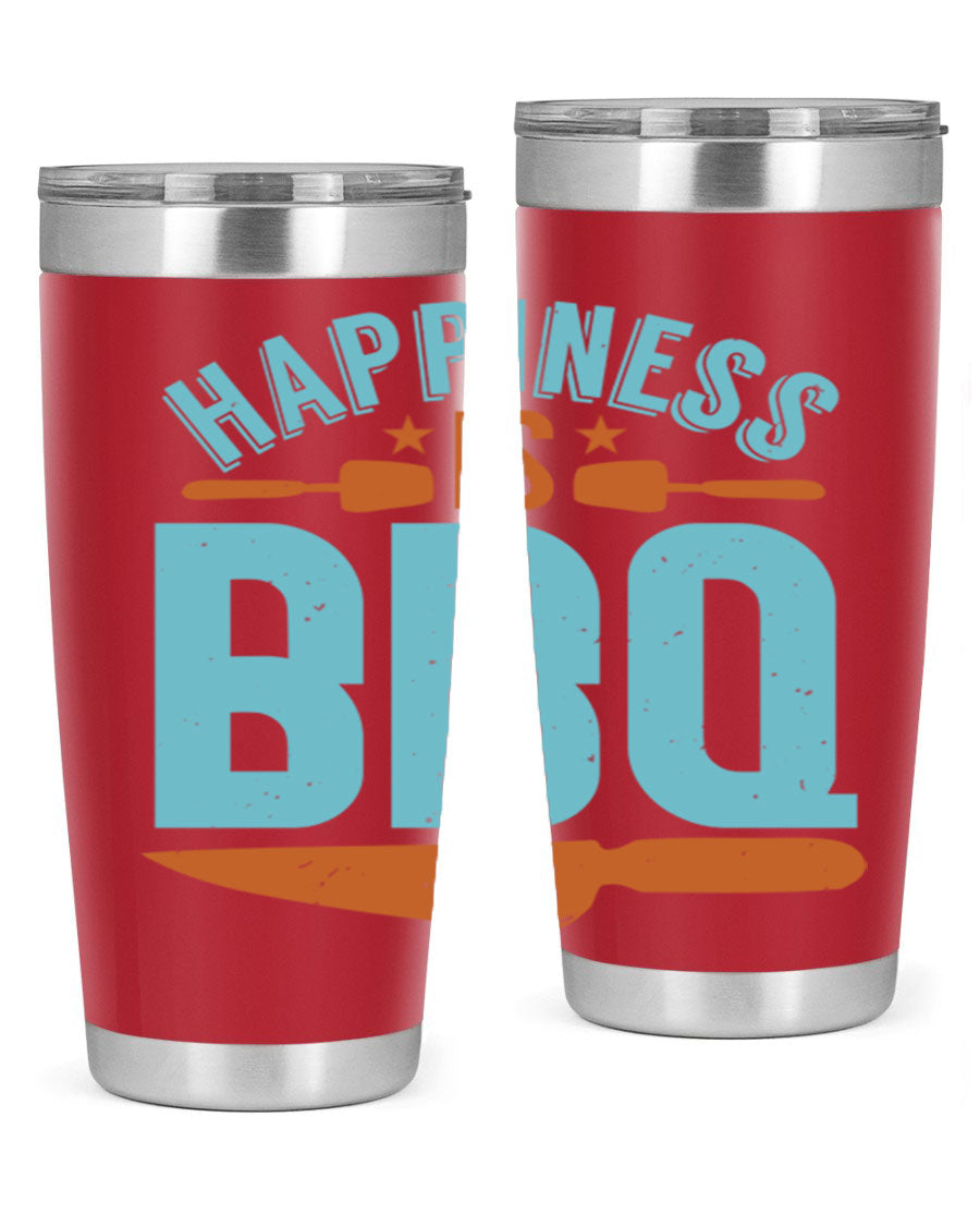 Happiness is BBQ 20oz Tumbler in stainless steel with a drink-thru lid, showcasing its sleek design and double wall vacuum insulation.
